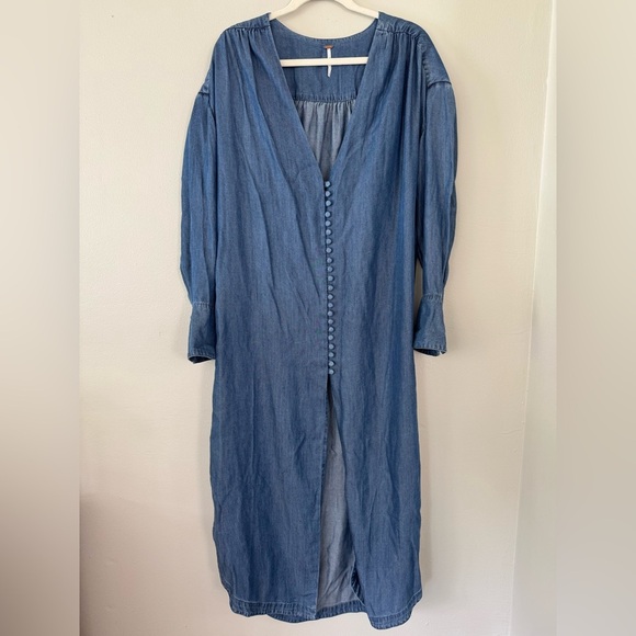 Free People Romantic Shirt Dress in Indigo - Button Front Midi - Picture 2 of 6